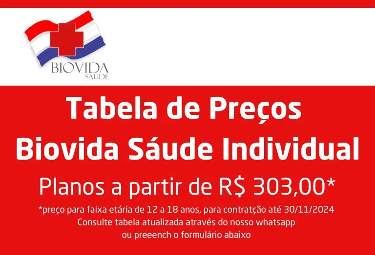 Tabela de precos do plano de saude Biovida Saude individual - 2024